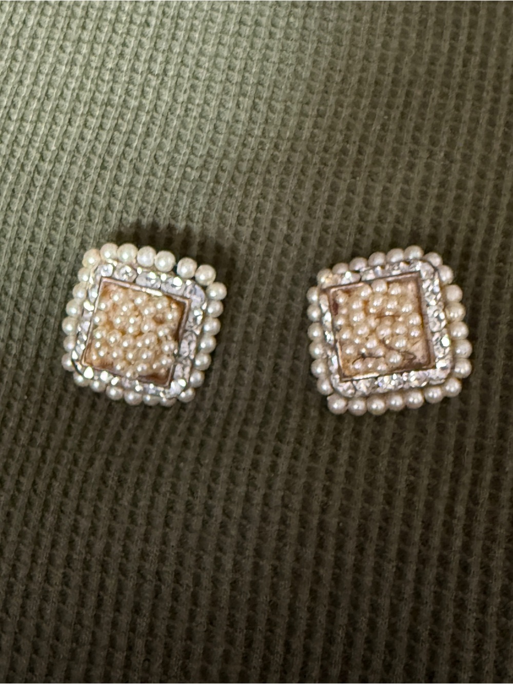 Pearl & Crystal Square Clip On Earrings in Cream